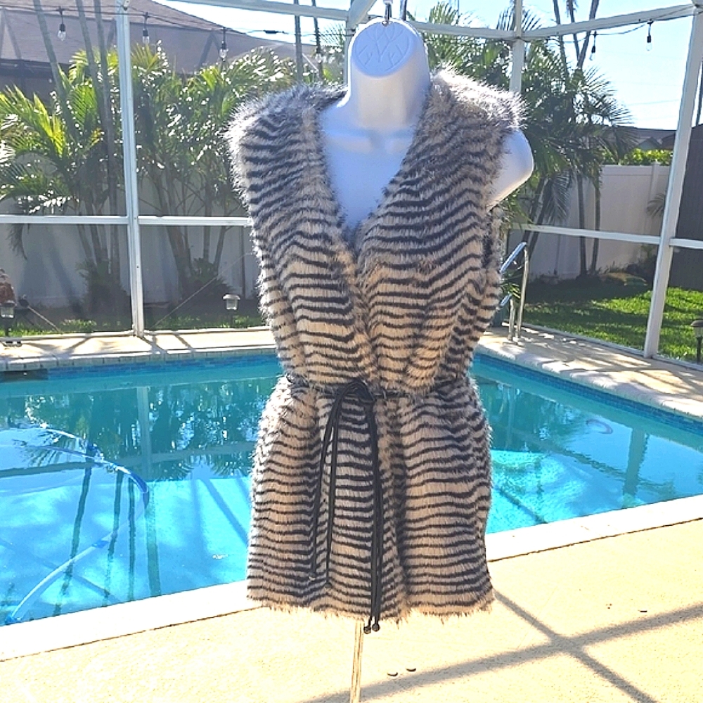 Striped Betsey Johnson Faux Fur Vest with Belt